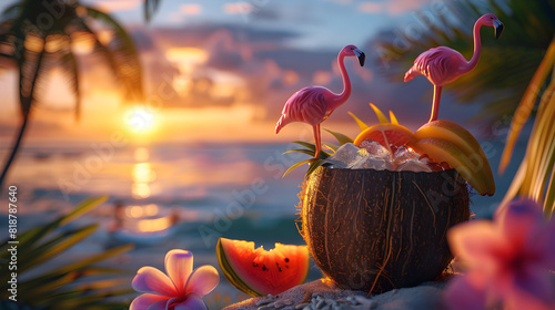 Coconut cocktail and tropical flowers with a flamingo parasol in front of the sea, at sunset, summer concept vacation concept holidays