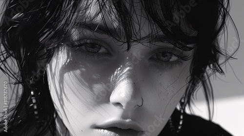 Black and white close-up portrait of a person with wet hair and freckles, wearing hoop earrings. The lighting creates intricate shadows on the face.