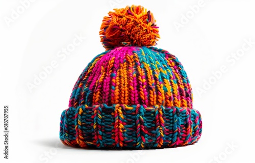 A colorful knitted beanie with a pom pom.