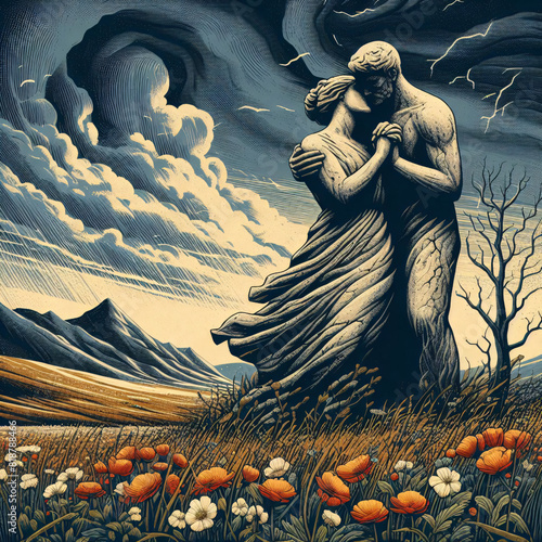 Old stone statue of two lovers, landscape field under a stormy sky, wuthering heights romantic story, austere romanticism