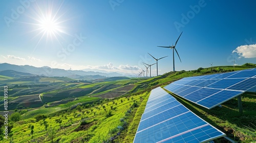 Renewable energy concept with solar panels and wind turbines situated in a green countryside under a clear blue sky with bright sunlight