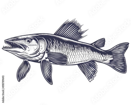 Fish Drawing. Silhouette of Predator Pike Fish Icon with Sharp Teeth in Freshwater