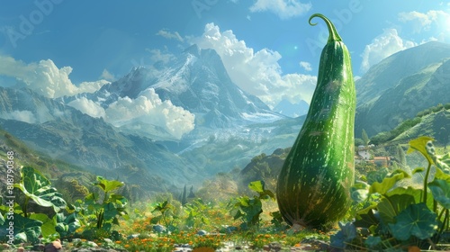  A giant zucchini standing in a beautiful mountain landscape