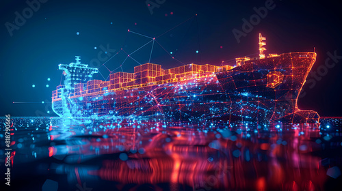 3d rendering of cargo ship with binary code hologram over dark background