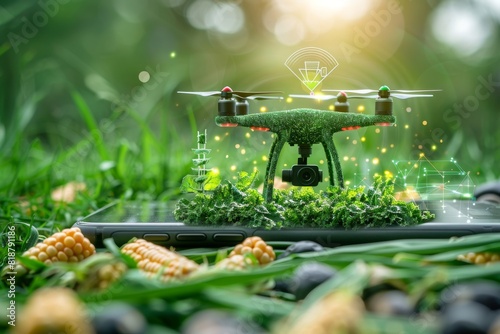 Smart farming applications with modern drone technology for agricultural field monitoring and advanced vector illustrations.