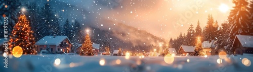 A serene winter village with decorated trees covered in snow, illuminated by warm lights, creating a festive Christmas atmosphere.
