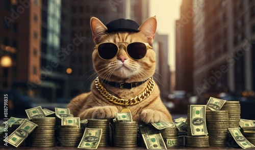 Cool rich gangster boss cat hipster with sunglasses, hat, headphones, gold chain and money dollars. Business, finance, creative idea. Crypto investor cat is holding a lot of money. Winning, concept