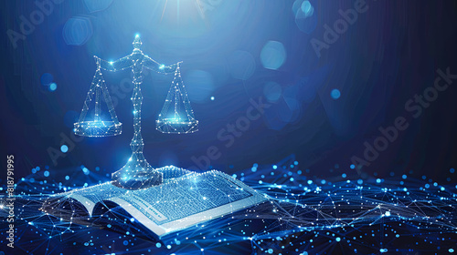 Law book and scales of justice on blue background. 3d rendering