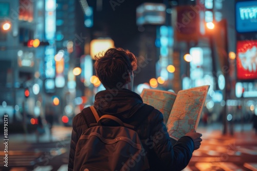 Someone is looking at a map on a city street at night, traveller portrait