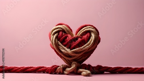 imaginative construction of a concept. On a crimson backdrop, brown rope is knotted in the shape of a heart. Valentine's Day love. copy text space banner