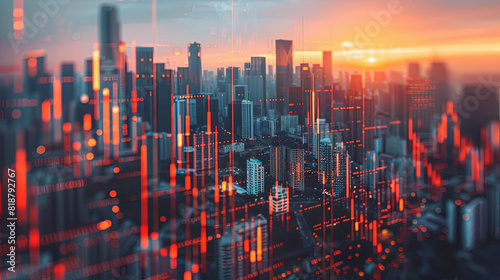 Financial stock market graph and candlestick chart on abstract city background. Double exposure