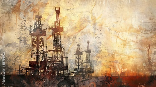 An artistic representation of oil rigs with a distressed and textured overlay, conveying industrialism and environmental impact