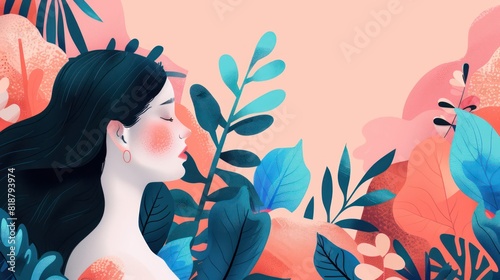 A faceless illustrated female character surrounded by a vibrant, abstract nature-inspired backdrop