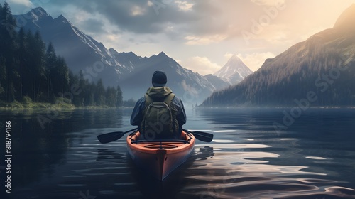 Man in canoe on river, surrounded by mountains and forests. Generative AI.