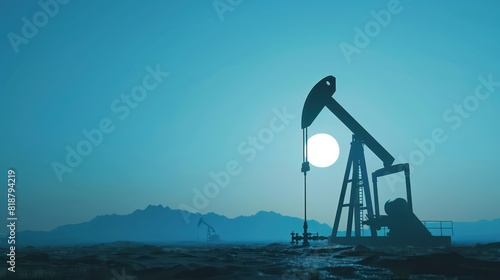 An oil pumpjack operates against a serene sunset with mountains in the background, highlighting energy extraction