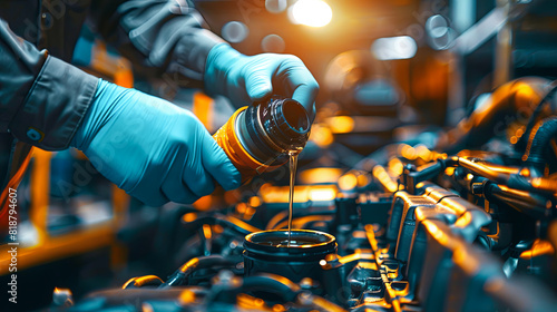 Automotive technician refilling engine oil