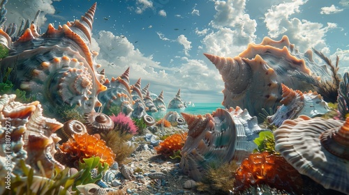 Shells and other ocean life digitally generated in 3D with vibrant colors and surreal lighting.