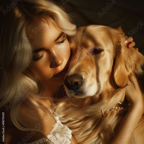 Con gracia, la modelo posa con un juguetón cachorro de golden retriever, su pelo dorado brilla bajo la luz, creando una imagen de vitalidad y belleza natural. 