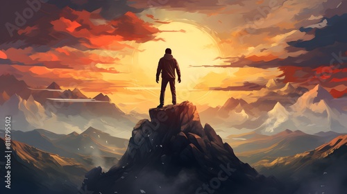 A person standing on top of a mountain at sunset. Generative AI.