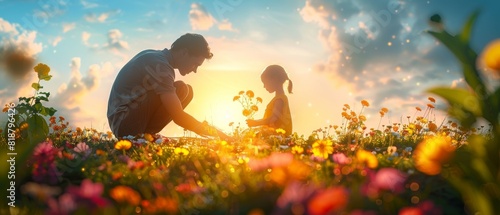 Father and daughter gardening, colorful flowers, cheerful