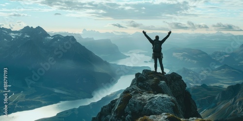 A mountain climber at the mountain top raises his hands. He is overlooking a stunning landscape