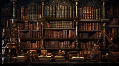 Wall adorned with rows of old ancient books in a library.
