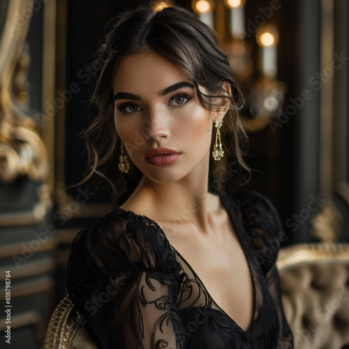 Elegante modelo española con maquillaje dramático y cabello recogido posando con gracia en una sala de estar moderna . 