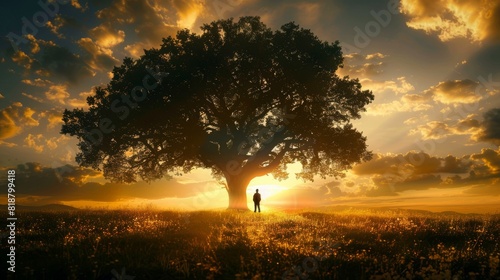 Lonely man standing under majestic tree in evening meadow during stunning golden sunset