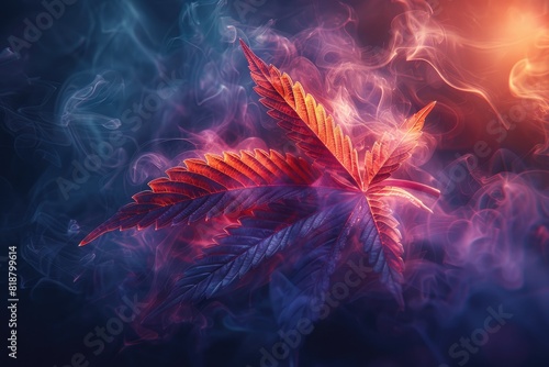 Vibrant, colorful leaf art enveloped in dreamy smoke, creating a surreal and mesmerizing visual experience.