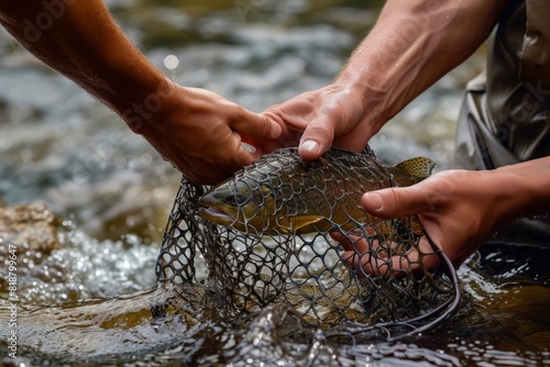 Close-up of three hands releasing a trout from a net in the river