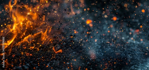 Close up of burning embers and sparks on a dark background, fire particles background, smoke, sparkles, glitter.