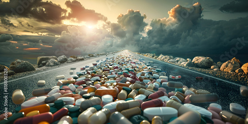 A photo capturing a significant quantity of pills left neglected and scattered along the side of a road A dramatic representation of the opioid epidemic sweeping across a city