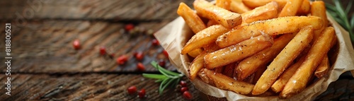 A basket of fries being served fast food diner setting space for text below