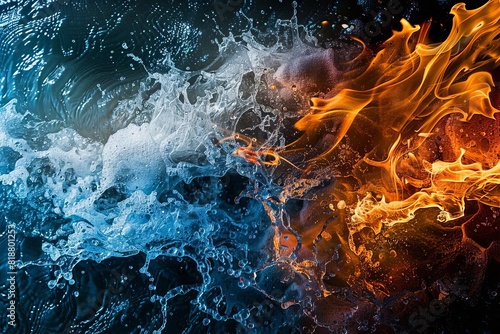elemental forces fire water earth air power energy clash collision dynamic motion explosive vibrant bold intense abstract conceptual symbolism mythology 