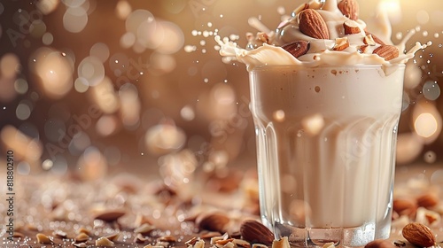 Almonds splashing into a glass of almond milk creamy backdrop with space for text at the bottom