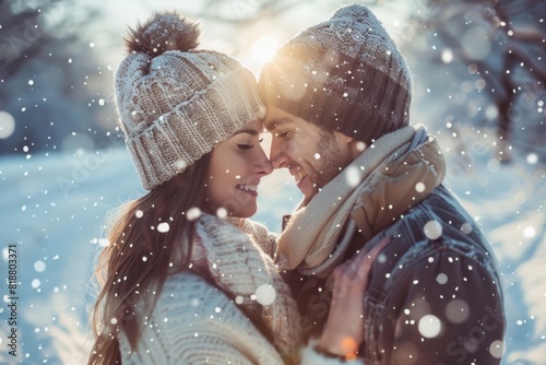 Couple looking at each other in the snow. Winter forest background 