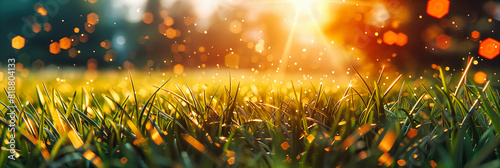 Fresh Dew on Bright Green Grass, Sunlit Meadow with Morning Light, Close-Up of Nature’s Freshness