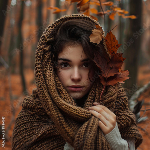 La modelo española, envuelta en una bufanda de lana, camina por un bosque otoñal