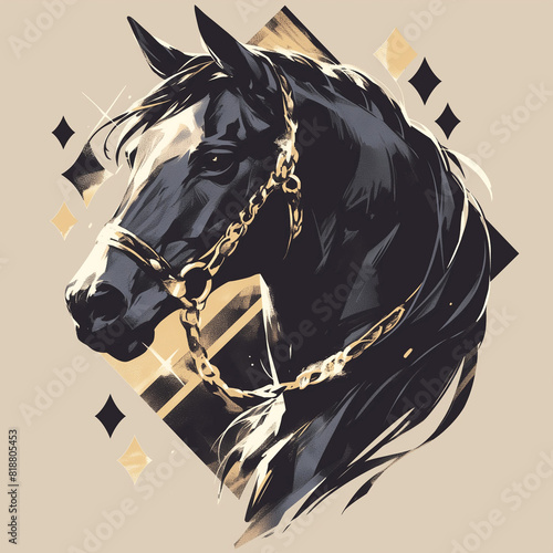 Horse concept illustration graphic poster banner. Horse badge for t-shirt design. Digital artistic raster bitmap illustration. AI artwork. 