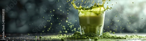 Matcha powder falling into a glass of milk Zenlike green background with space for text on the left