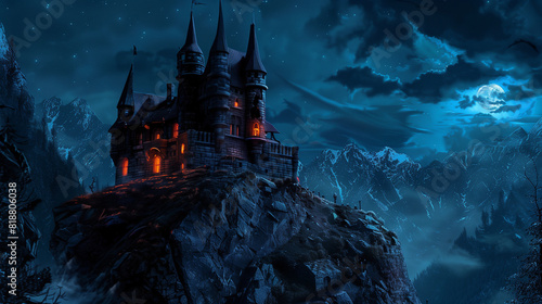 Dracula haunted scary vampire castle on a mountain during spooky misty dark night with full moon