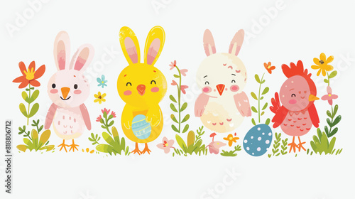 Four of cute easter cartoon characters and spring dec
