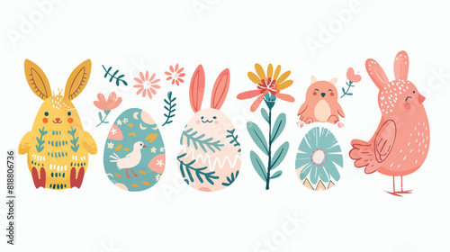 Four of cute easter cartoon characters and spring dec