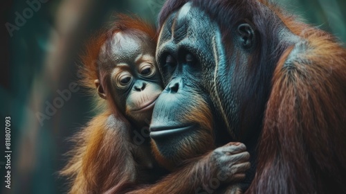 A young orangutan with its mother. Sweet orangutan family portrait. Wild beauty of a human-like monkey
