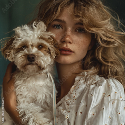 La modelo española sostiene con ternura un adorable cachorro de bichón maltés, su expresión serena contrasta con la energía juguetona del pequeño perro, creando un momento de calma y vitalidad. 