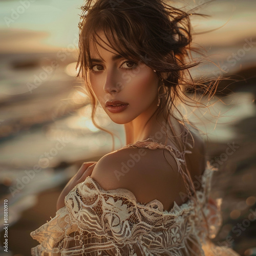 Modelo española con facciones delicadas y mirada enigmática posando con vestido de encaje en una playa desértica . 