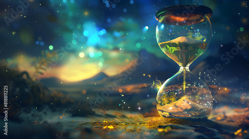 Hourglass with sand and stars inside with a night sky full of Roman numbers dreamlike scenery sky