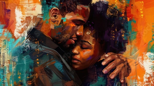 Abstract painting with brush strokes - copy space - Handsome masculine latino man embracing a pretty African american woman