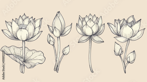 Four of lotus flower in different views. Bloomed buds