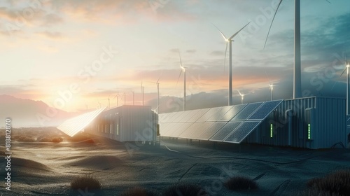 Advanced battery energy storage system with wind turbines and solar panels. Green energy concept.